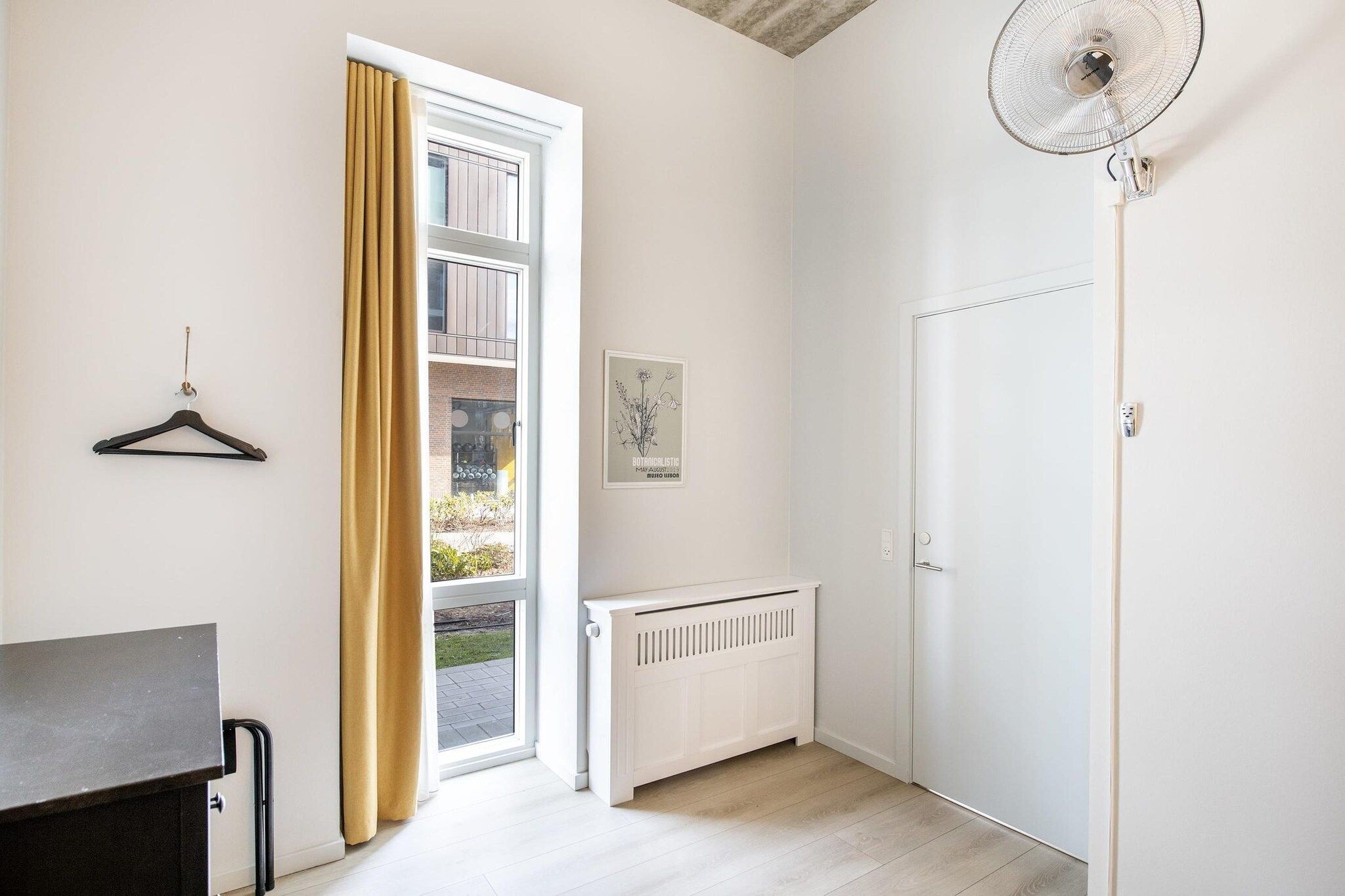 A room with a radiator, a door, a hanging coat rack, and a window with curtains.