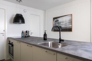 Una cocina con un lavamanos doble, una lámpara colgante negra, una foto en un marco en la pared y un horno empotrado.