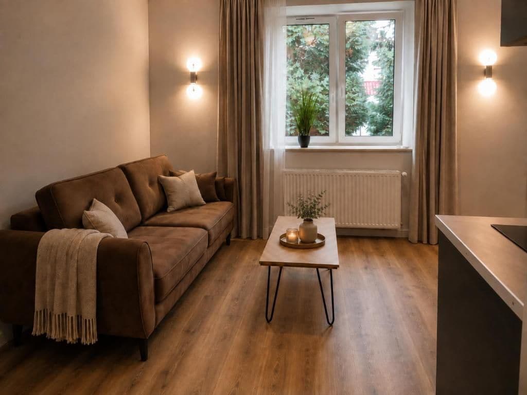 Una sala de estar con un sofá marrón, una pequeña mesa de madera con un jarrón y una vela, y un ventanal con cortinas.