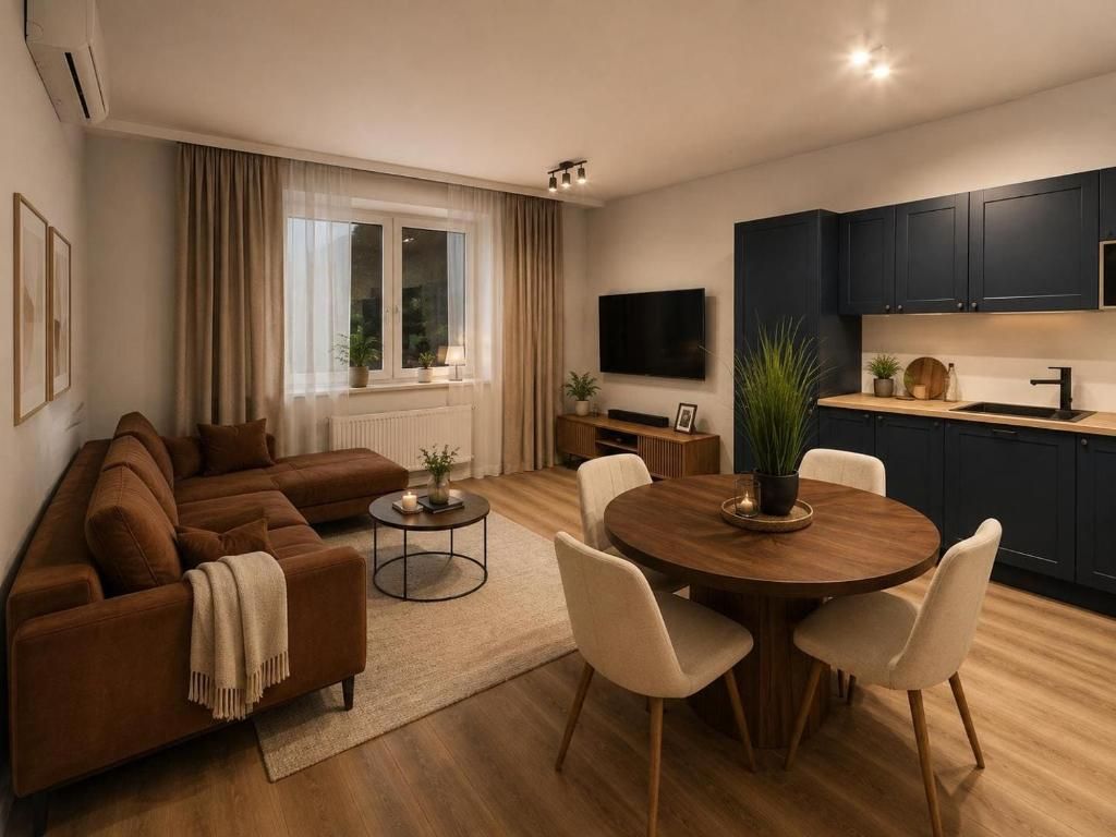 A modern living room with a sectional sofa, a round dining table with chairs, a flat-screen TV mounted on the wall, and a kitchen area with dark cabinets and a countertop.