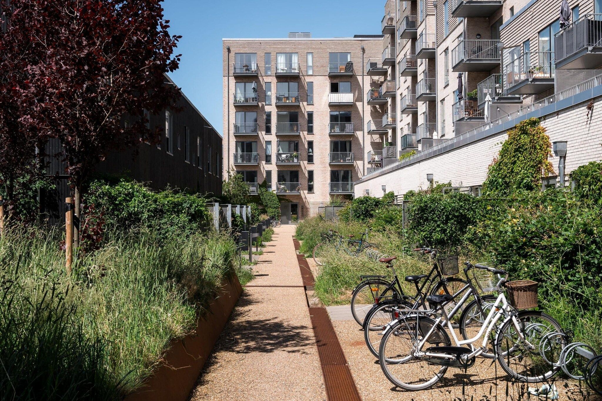 Un camino conduce a un moderno edificio de apartamentos con varios balcones y un aparcamiento para bicicletas.