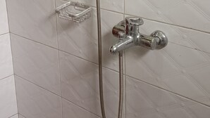 Een douche met een handdouche en een douche slang.