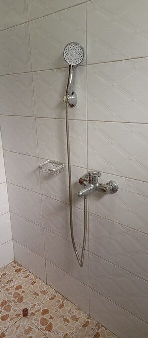 Une douche équipée d’un pommeau de douche à main et d’un flexible à main.