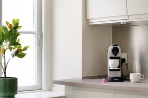 Ett kök med en kaffebryggare på bänkskivan, en krukväxt och ett fönster med utsikt.
