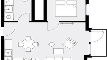 A floor plan with a kitchen, dining area, and a living room.