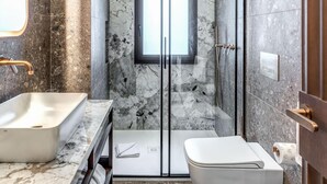 Une salle de bain moderne avec une douche à parois de verre, un lavabo indépendant et des toilettes.