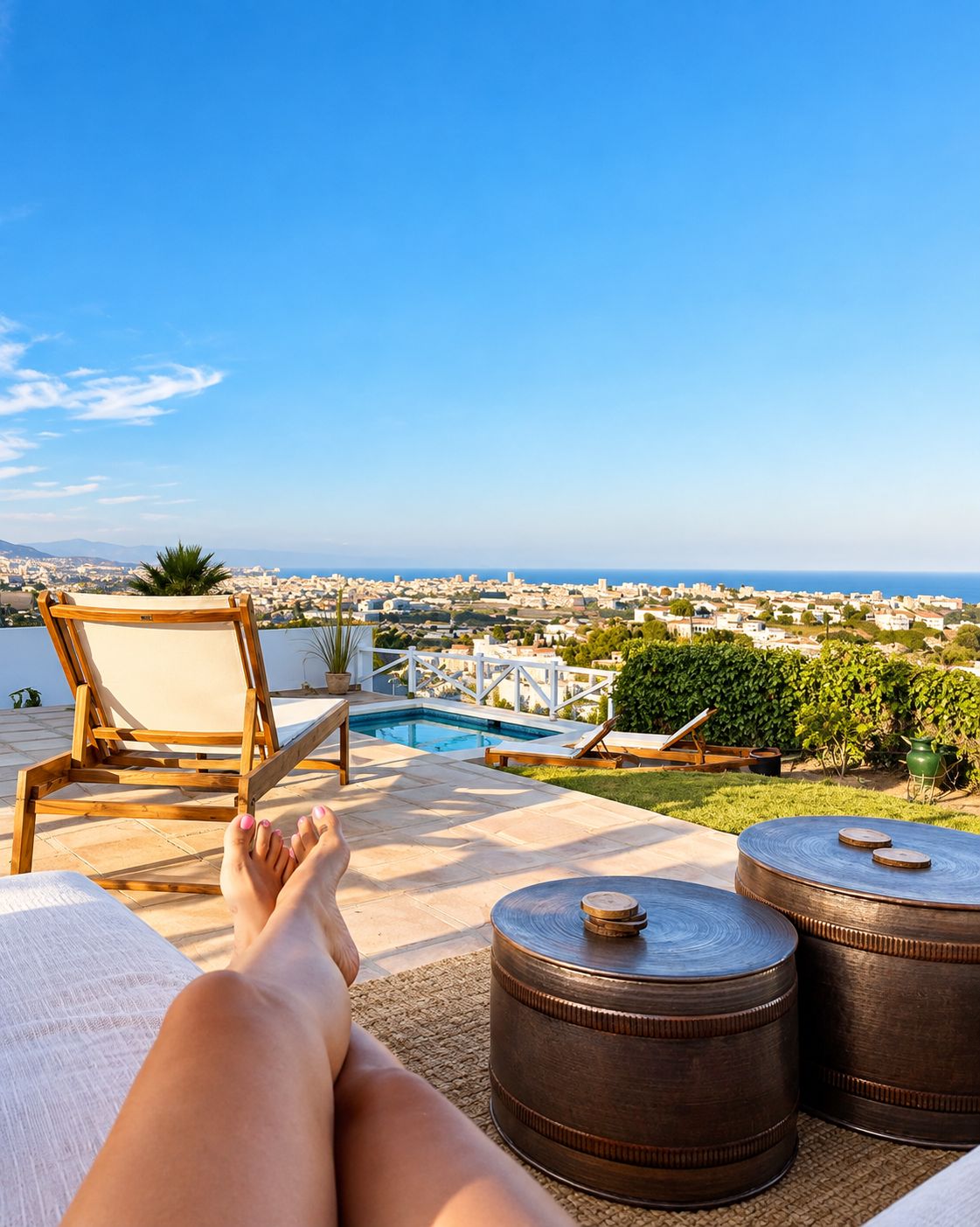 A poolside area with a view of a coastal cityscape, a lounge chair, and two round tables.