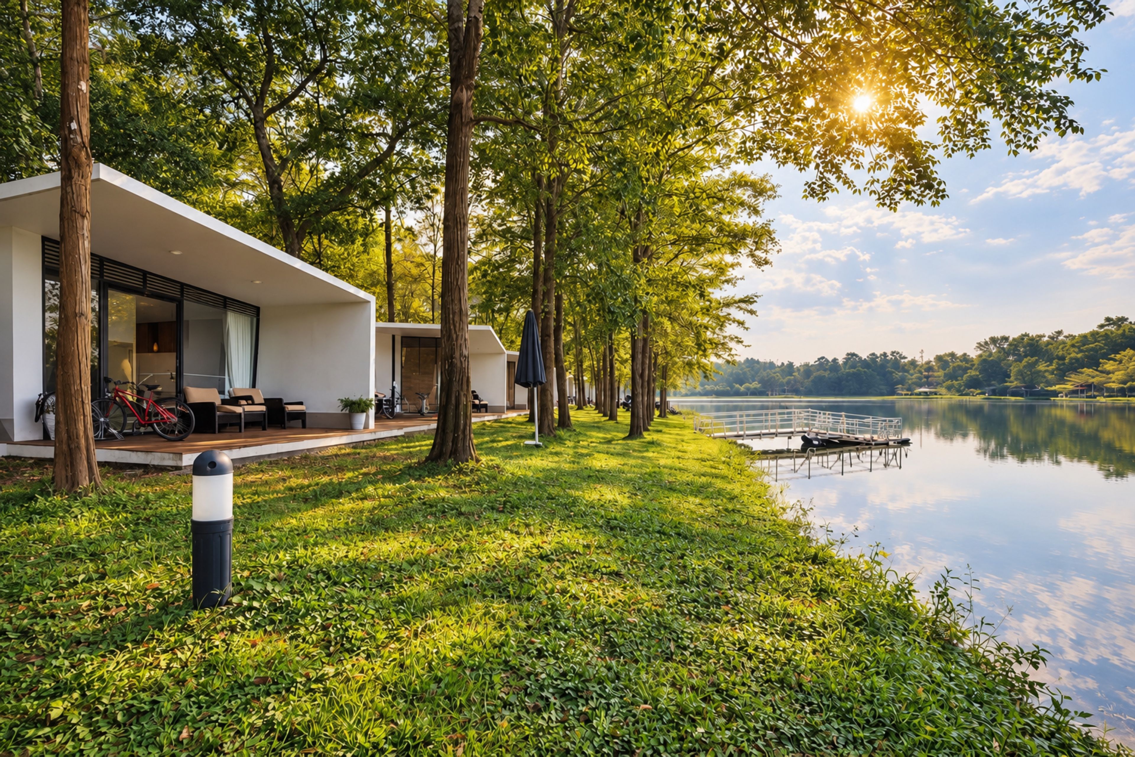 A lakeside property with modern architecture, a dock, and a grassy area.