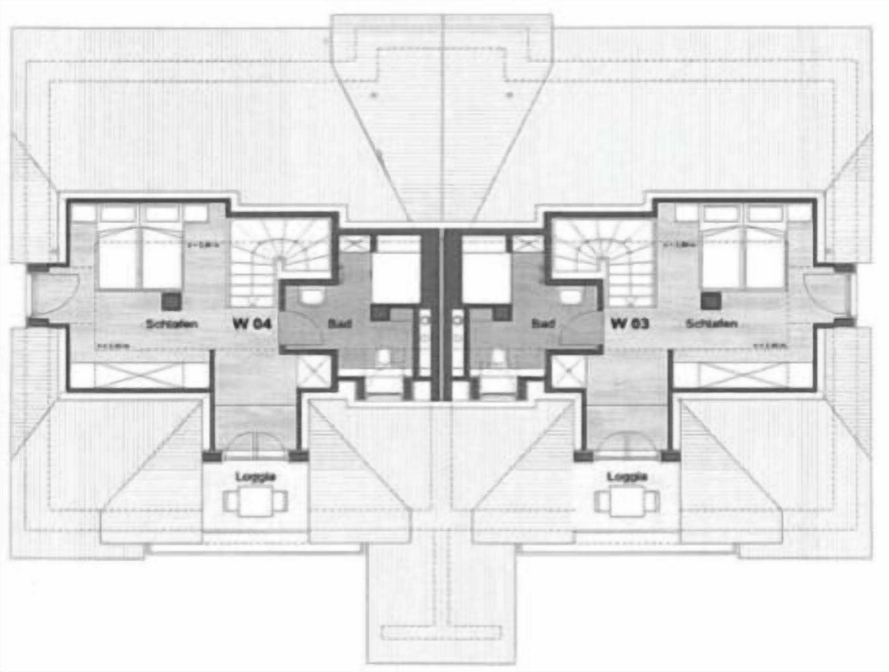 A floor plan of a hotel with two wings labeled 'Schlafzimmer' and 'Loggia,' featuring a central corridor and rooms numbered W04 and W03.
