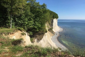 Eine Küstenlandschaft mit Sandstrand, einer Klippe und dichter Vegetation.