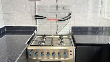 Une cuisine équipée d’une cuisinière à gaz, d’une hotte aspirante et d’un pare-feu en carreaux.