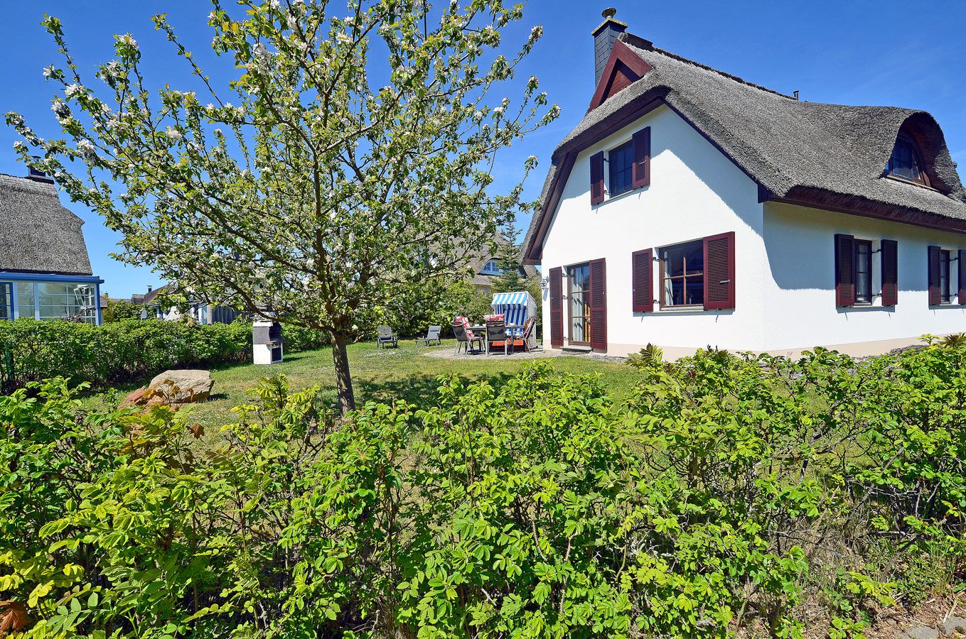 A white house with a thatched roof, a tree in front, and a barbecue area.