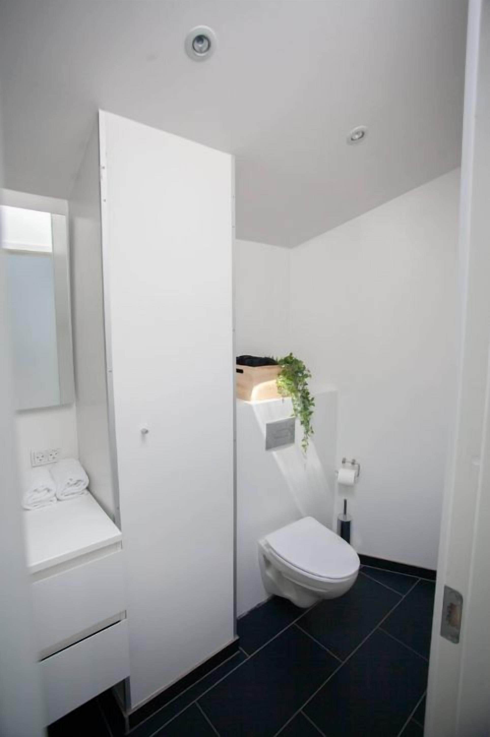 Un baño pequeño con inodoro blanco, lavamanos y espejo.
