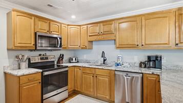 A modern kitchen with wooden cabinets, stainless steel appliances, a granite countertop, and a built-in dishwasher.