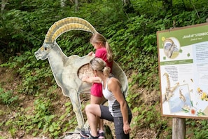 A large metal sculpture of a ram with a child sitting on its back, and a sign with text and illustrations.