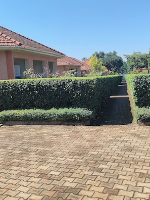 A paved pathway leading to a building with a tiled roof, surrounded by neatly trimmed hedges.