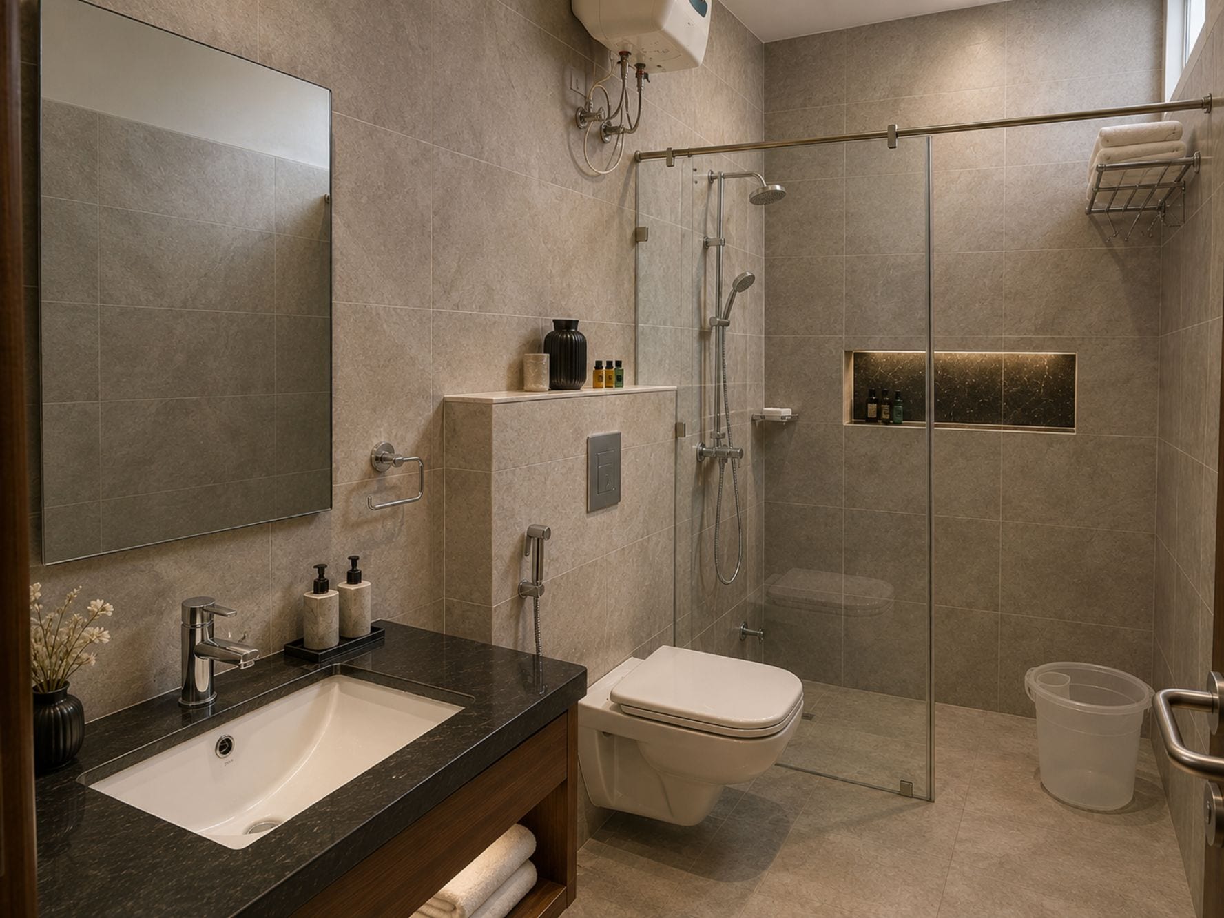 Een moderne badkamer met een grote spiegel, een wastafel, toilet, douchecabine en een meubel met toiletartikelen.