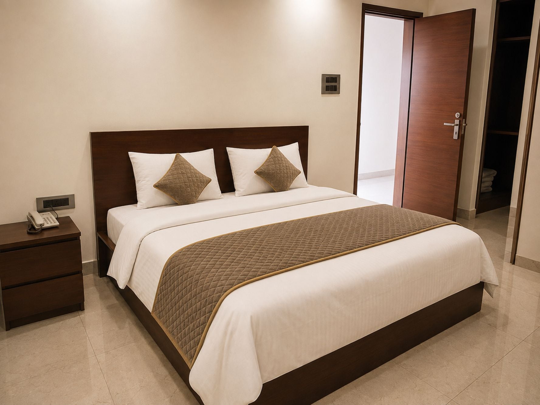 Ein Hotelzimmer mit einem Bett, einem Nachttisch mit Telefon und einer Tür zu einem Badezimmer.