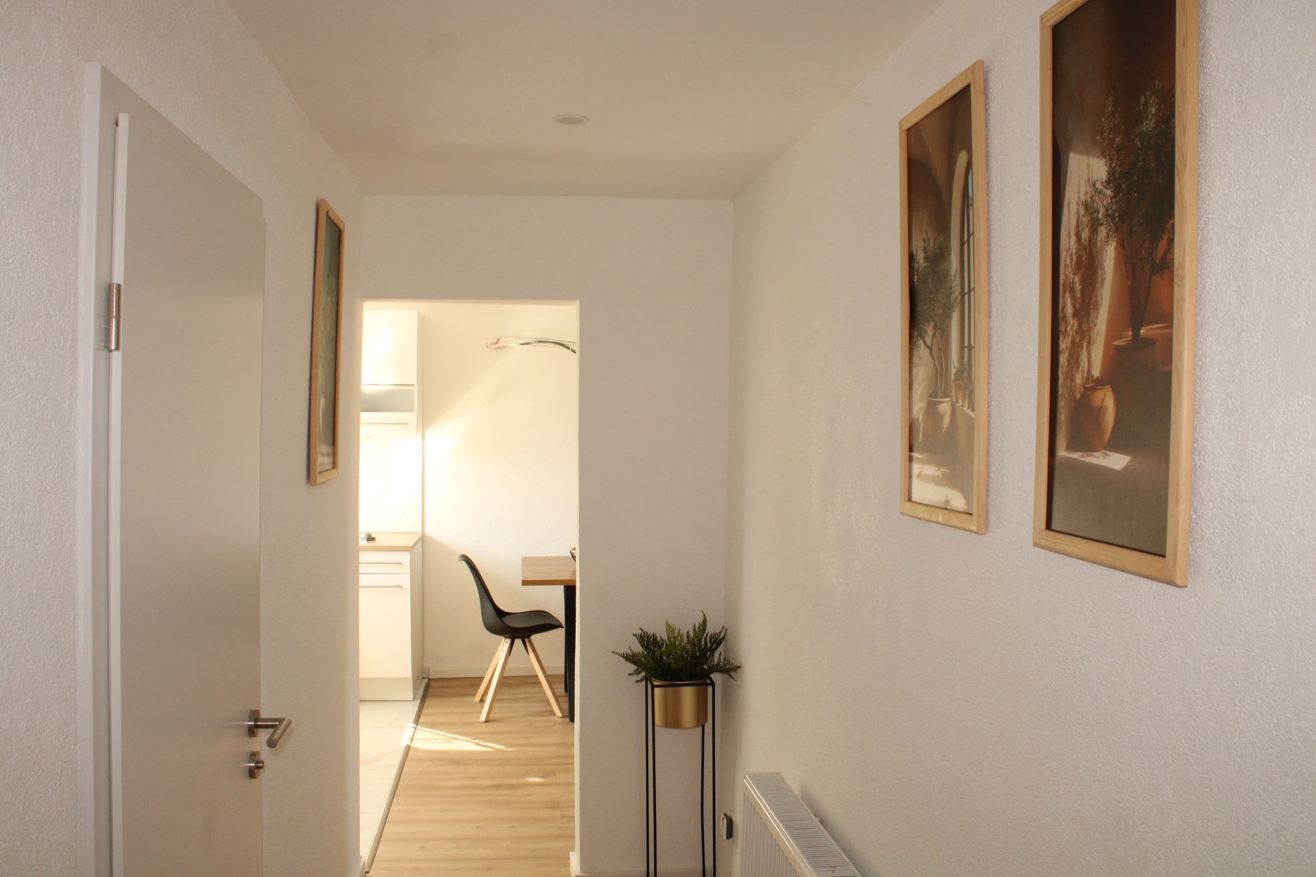 Ein Flur mit einer Tür, einem Blumentopf und zwei gerahmten Bildern an der Wand.