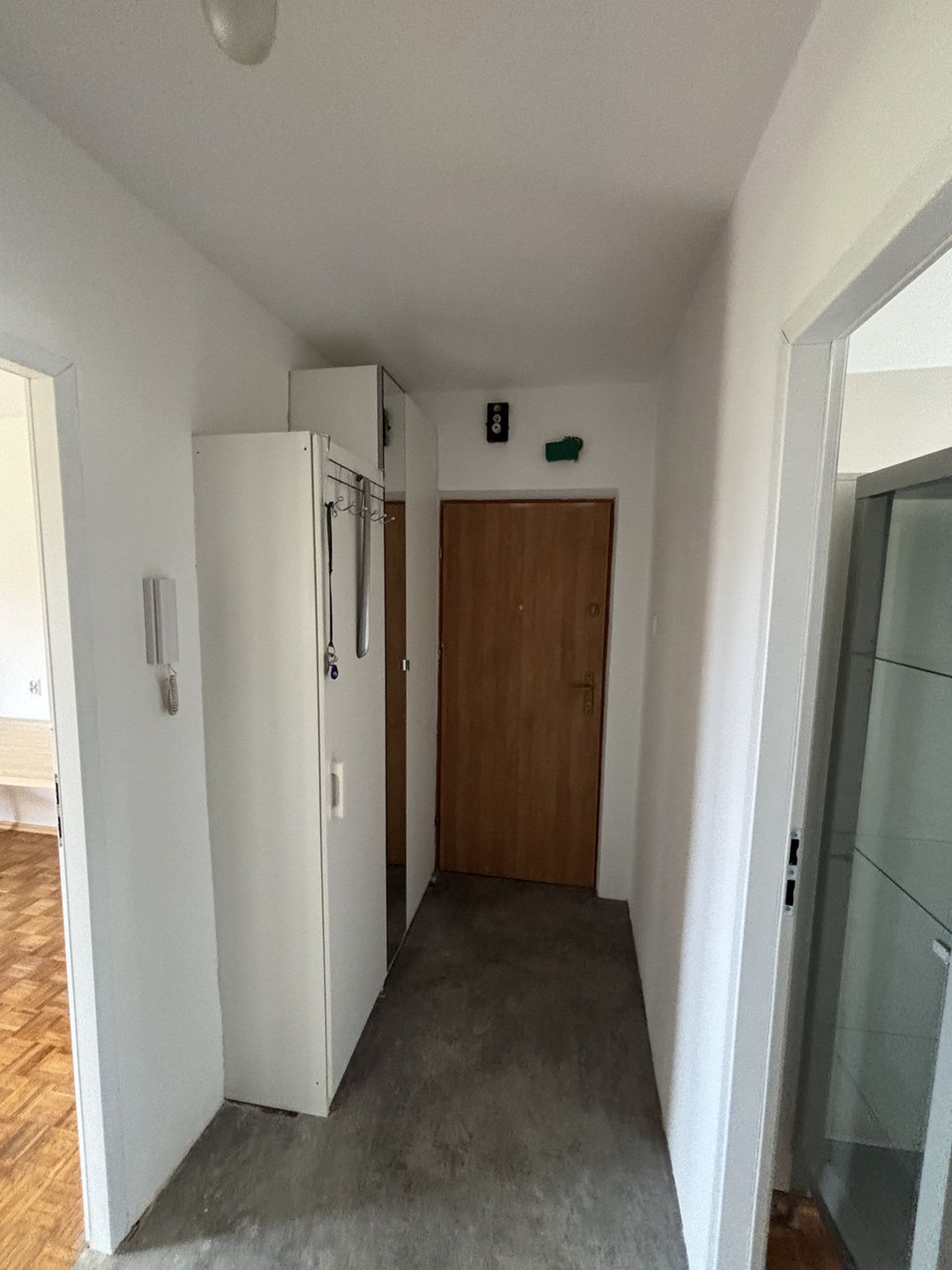Ein enger Flur mit einem weißen Kühlschrank, einer Holztür und einer Glastür auf der rechten Seite.