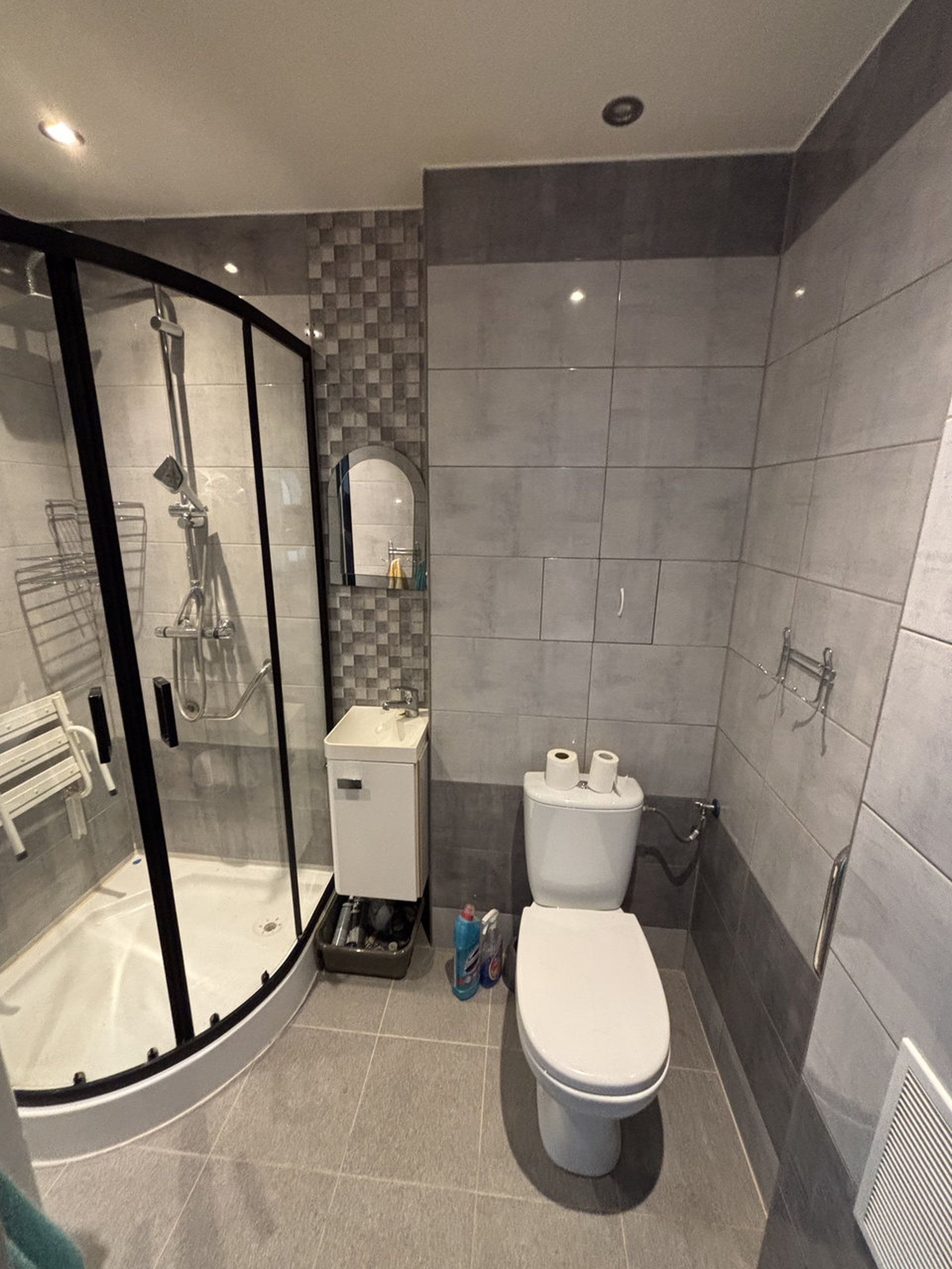 A modern bathroom with a glass-enclosed shower, a toilet, and a sink.