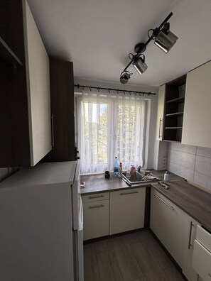 A modern kitchen with a built-in oven, a window with sheer curtains, and a ceiling-mounted light fixture.