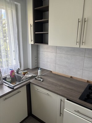 A kitchen with a stainless steel sink, a wooden countertop, and white cabinetry. - Urokliwe Apartamenty (Konin)