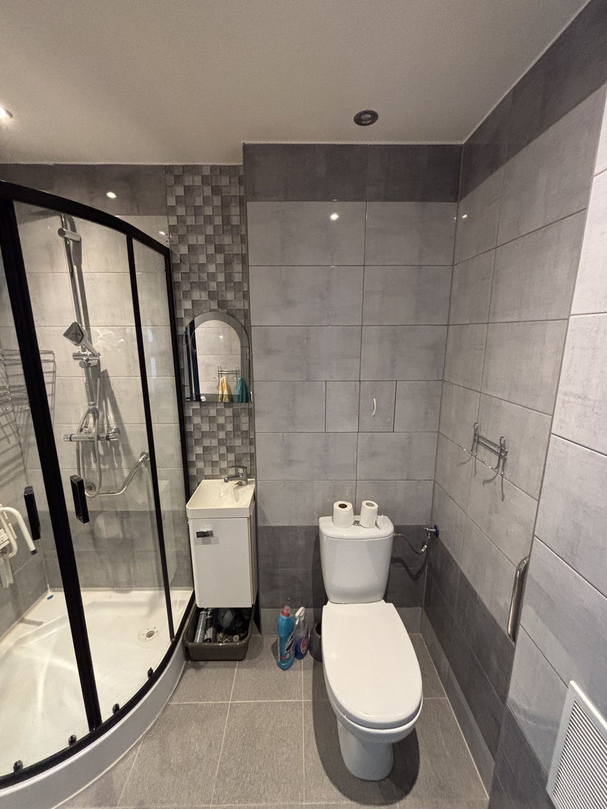 Et moderne badeværelse med bruseniche, toilet og håndvask.