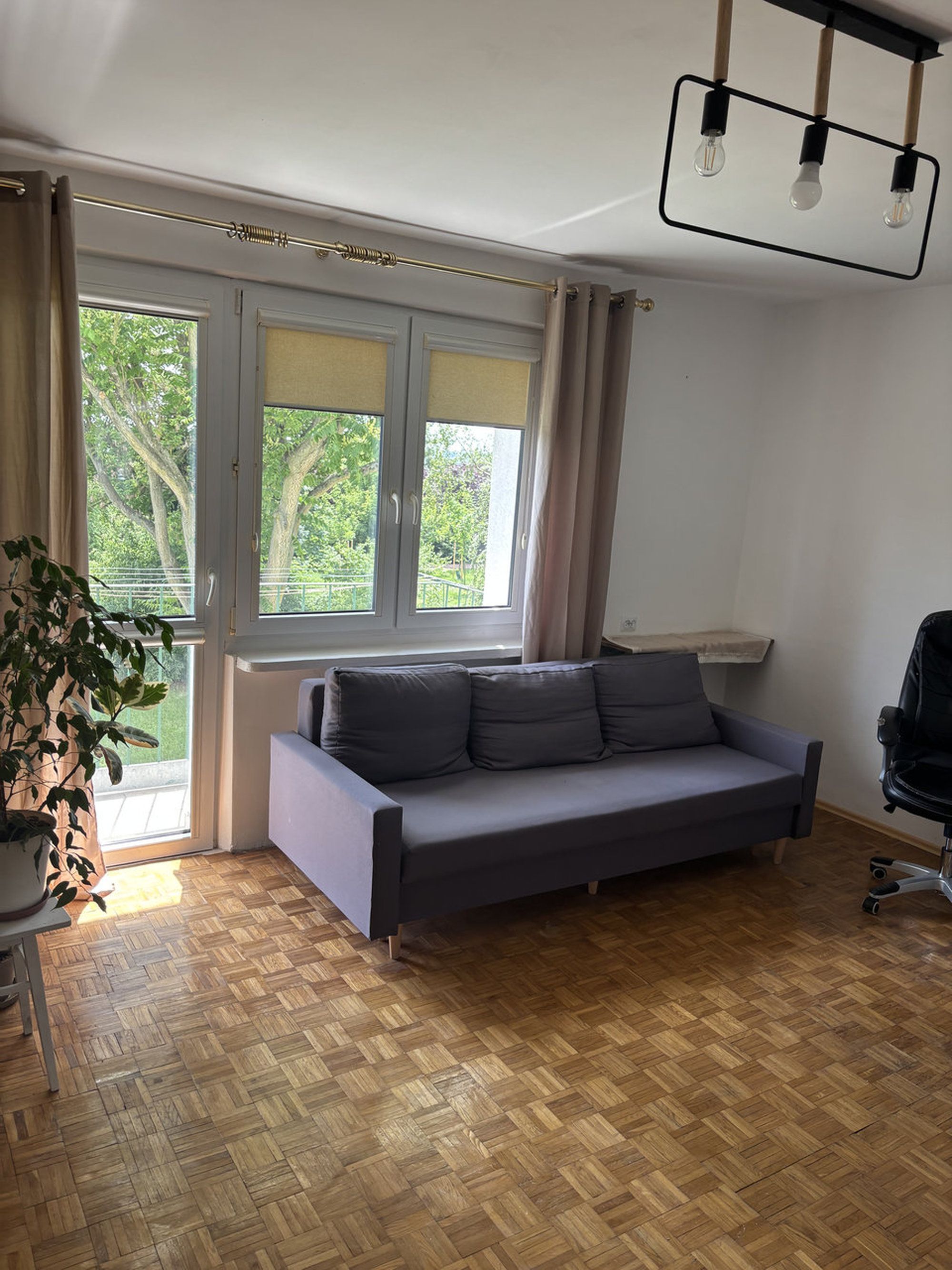 Una habitación con un sofá, una planta en maceta, un escritorio y una silla.