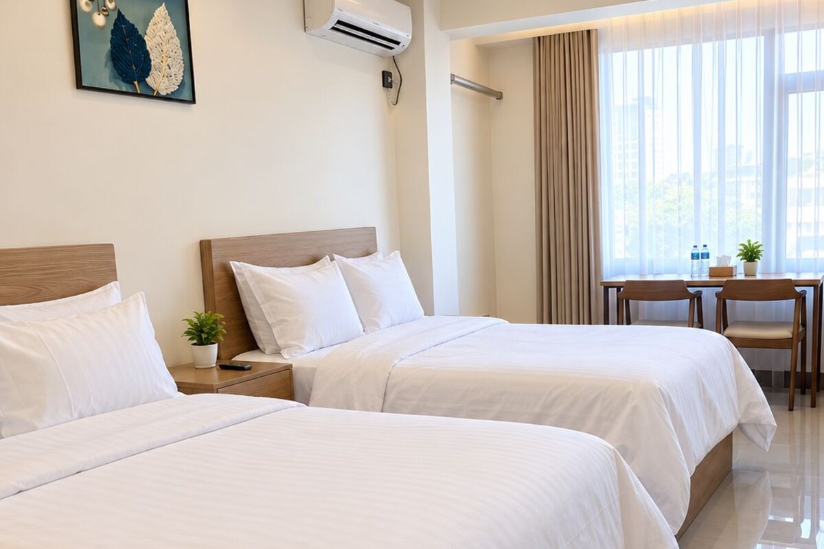 Desk, laptop workspace, free WiFi, bed sheets