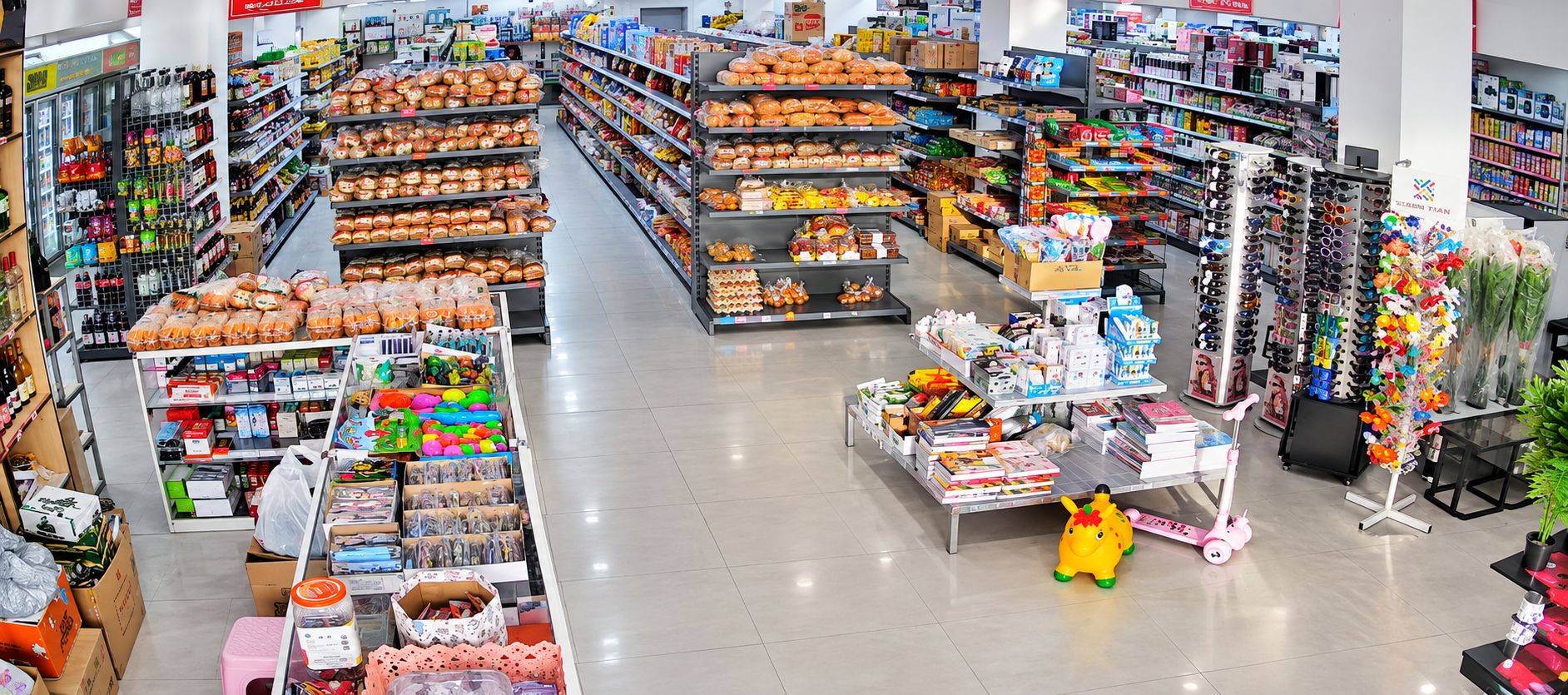 A spacious supermarket aisle with various food items and toys.