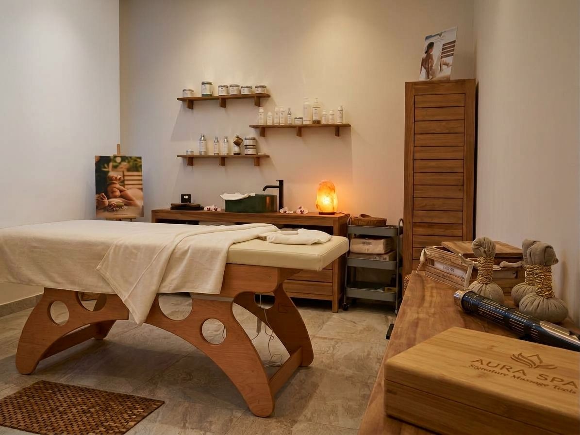 A spa room with a wooden massage table, shelves with bottles, a cabinet, and a massage tool box.