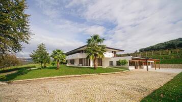 Una casa moderna de dos pisos con entrada pavimentada y césped cuidado.