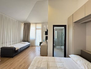 A hotel room with a bed, a desk, a chair, a wardrobe, and a shower area.