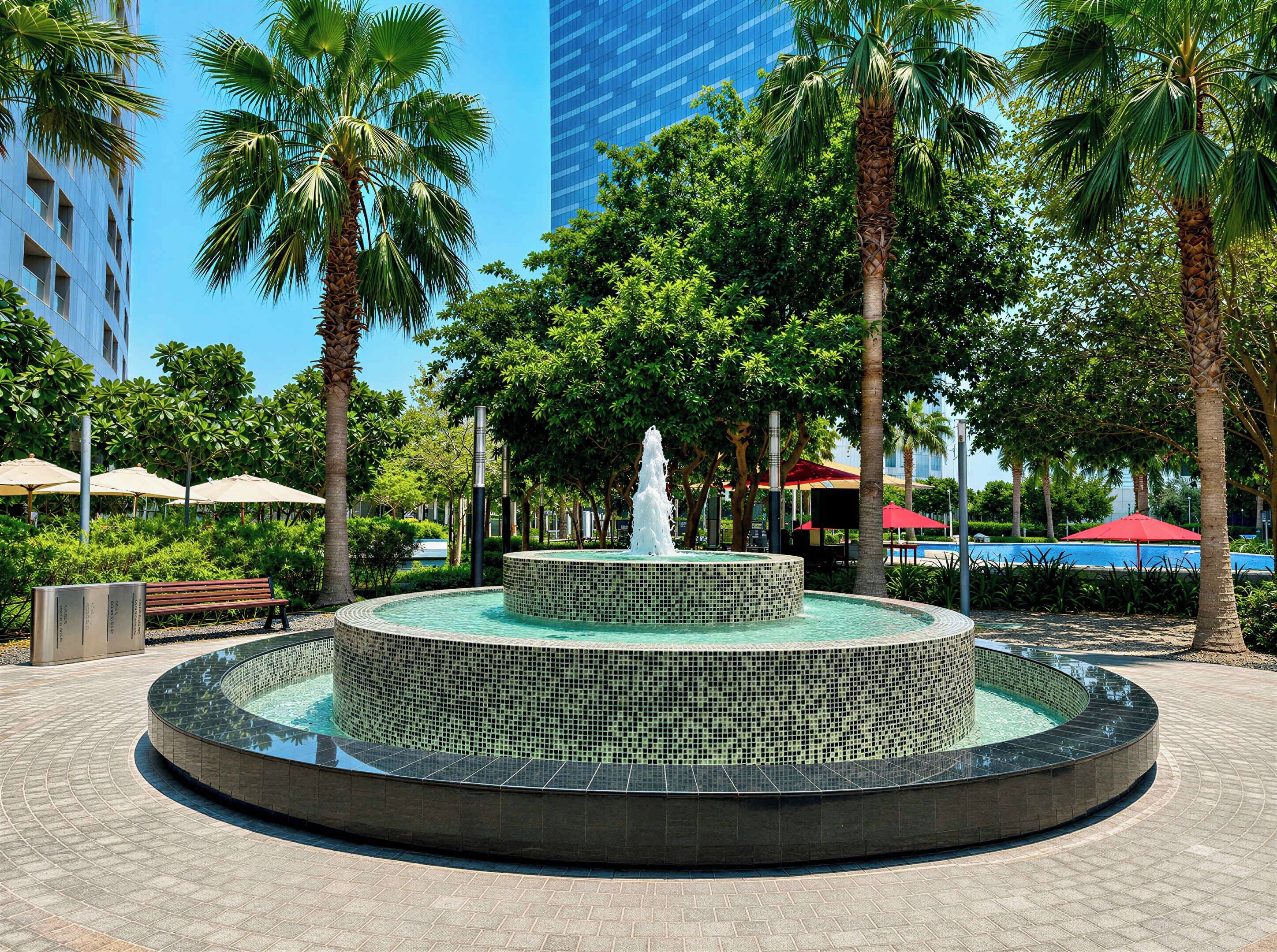 A circular water feature with a fountain in the center, surrounded by palm trees and a tiled walkway.