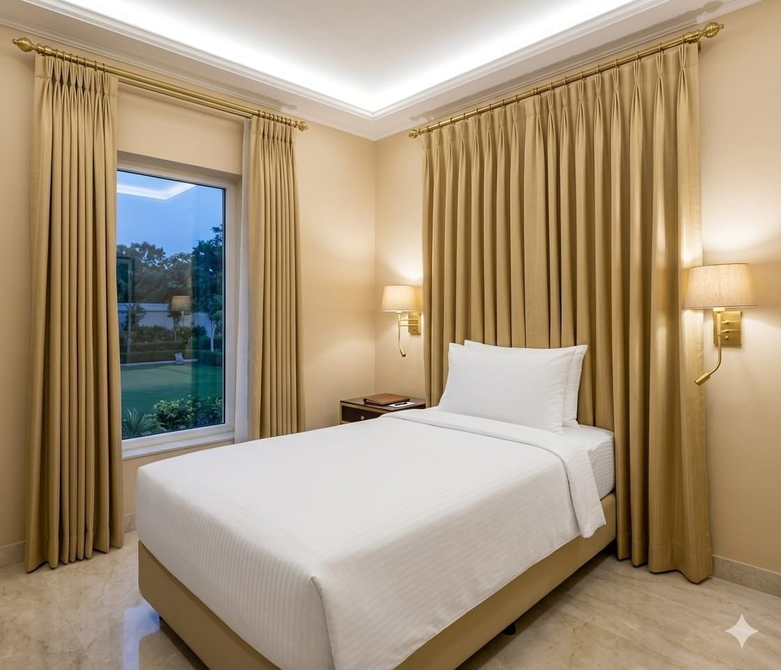 Habitación de hotel con una cama grande, cortinas, una mesita de noche, una lámpara y vistas al exterior.