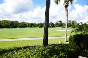 Ein Golfplatz mit klarem Weg, Palmen und einem Golfwagen in der Ferne.