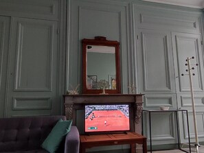 A living room with a television on a stand, a sofa, a fireplace, and a mirror on the wall. - Apartment With Garden in the City Center (Saint-Omer)
