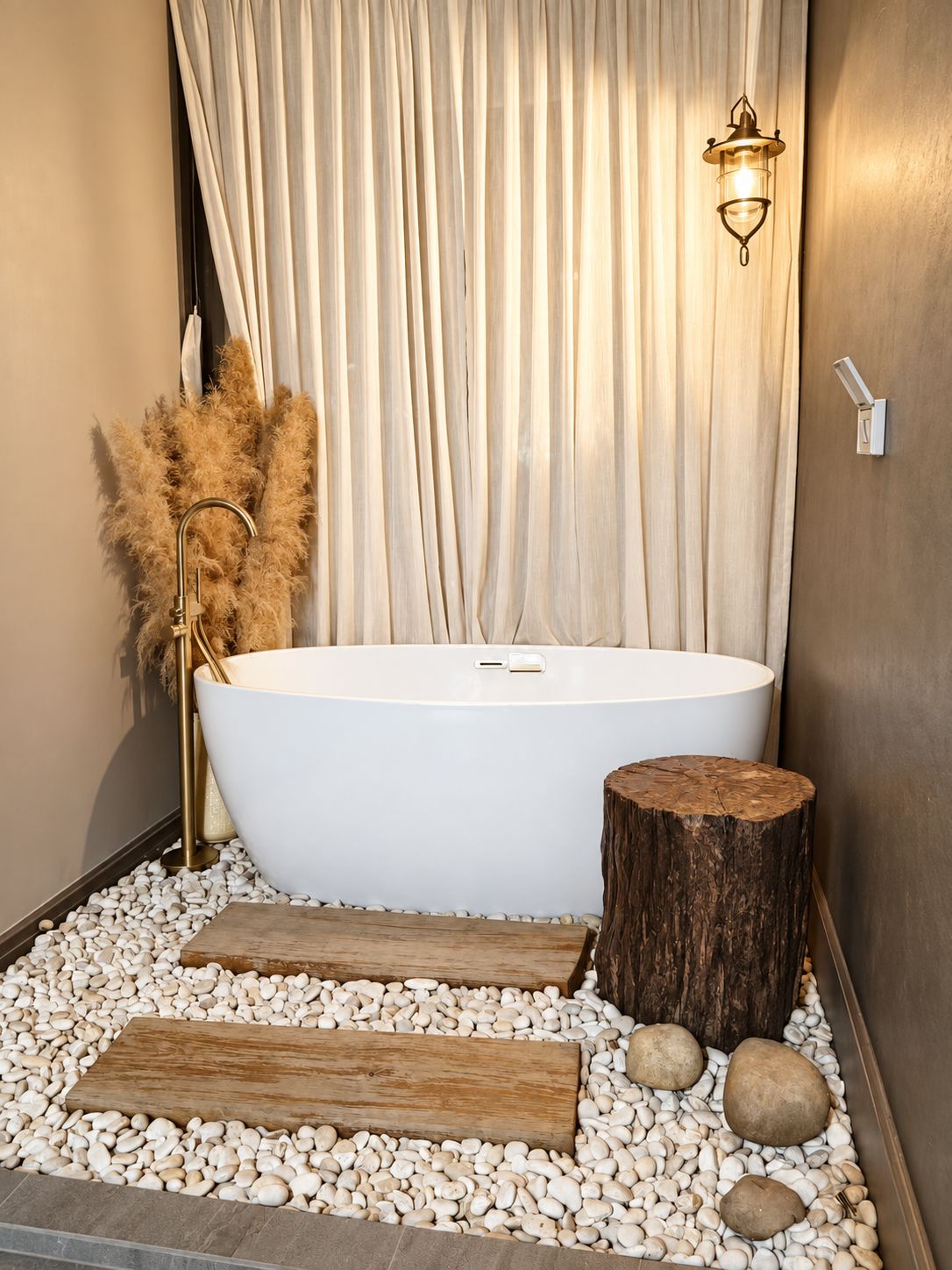 A modern bathroom with a freestanding bathtub, a wooden stool, and a decorative wall light.