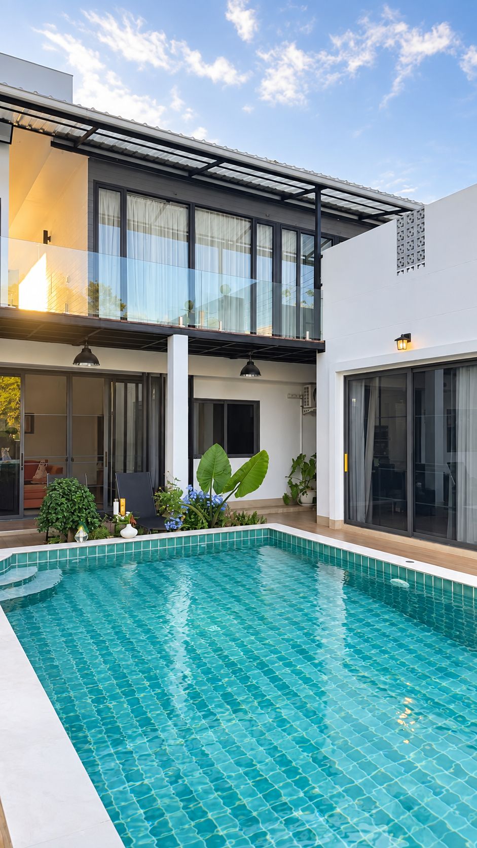 Ett modernt hus med en swimmingpool, stora fönster och en balkong.