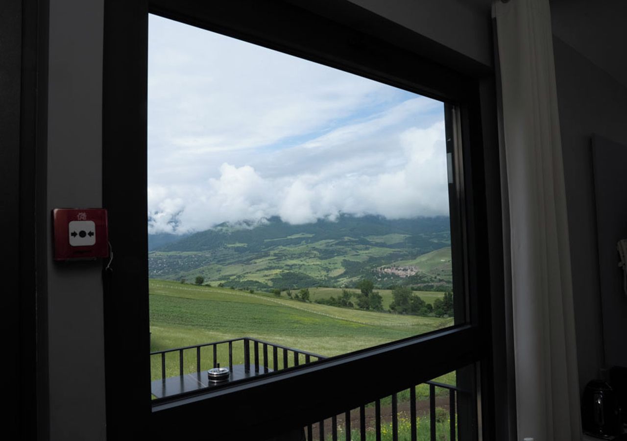 A window with a view of a green landscape, a fire alarm, and a railing.