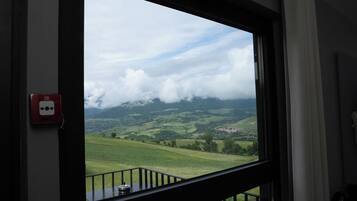 A window with a view of a green landscape, a fire alarm, and a railing.