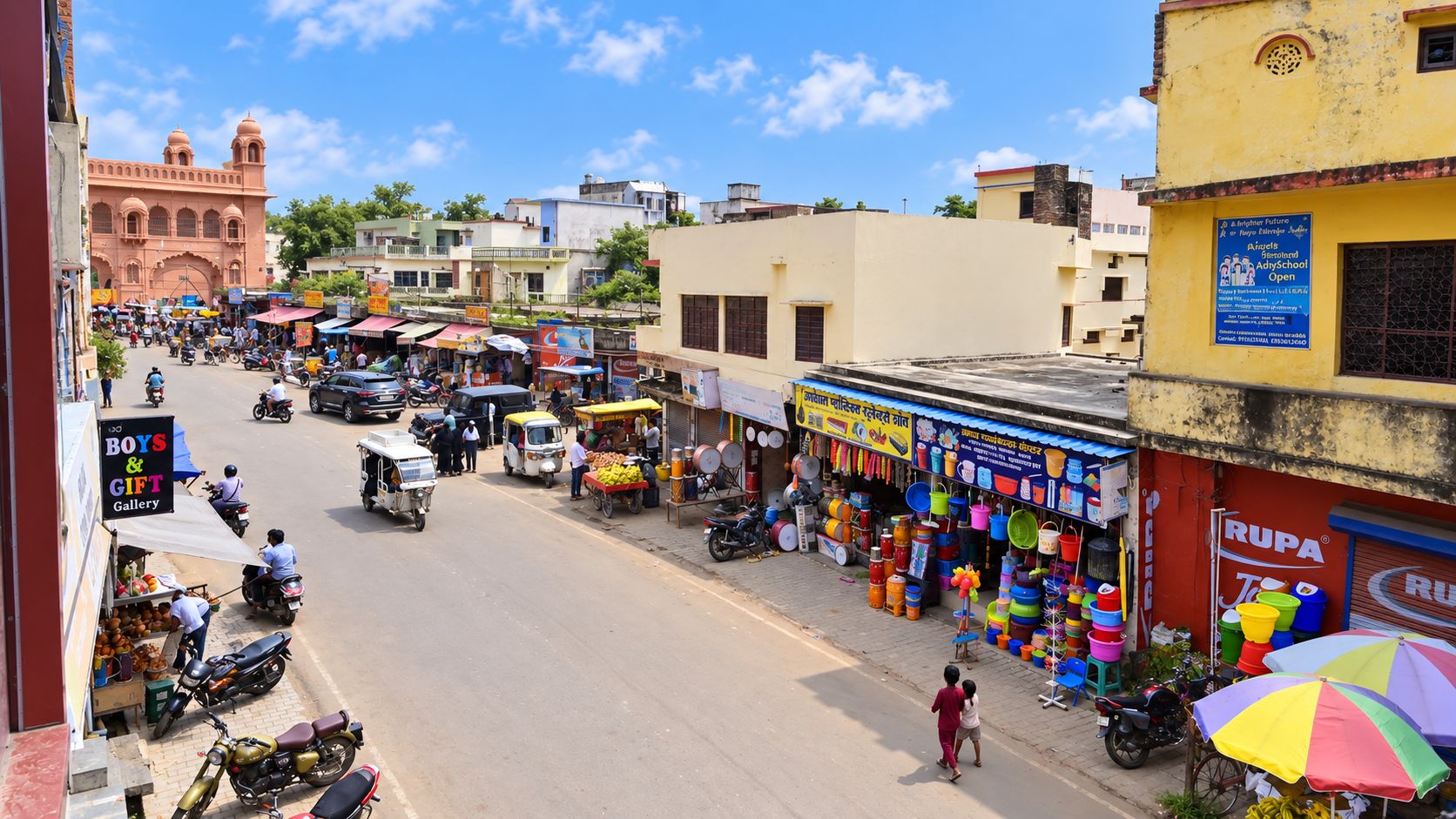 A busy street with shops and a prominent building with domes.