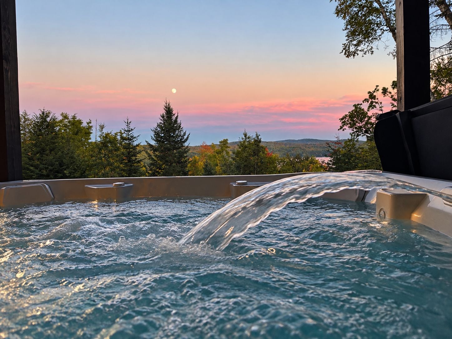 A hot tub with a waterfall feature, surrounded by trees and a view of the landscape.