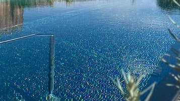 Una piscina infinita con un edificio de madera al fondo.
