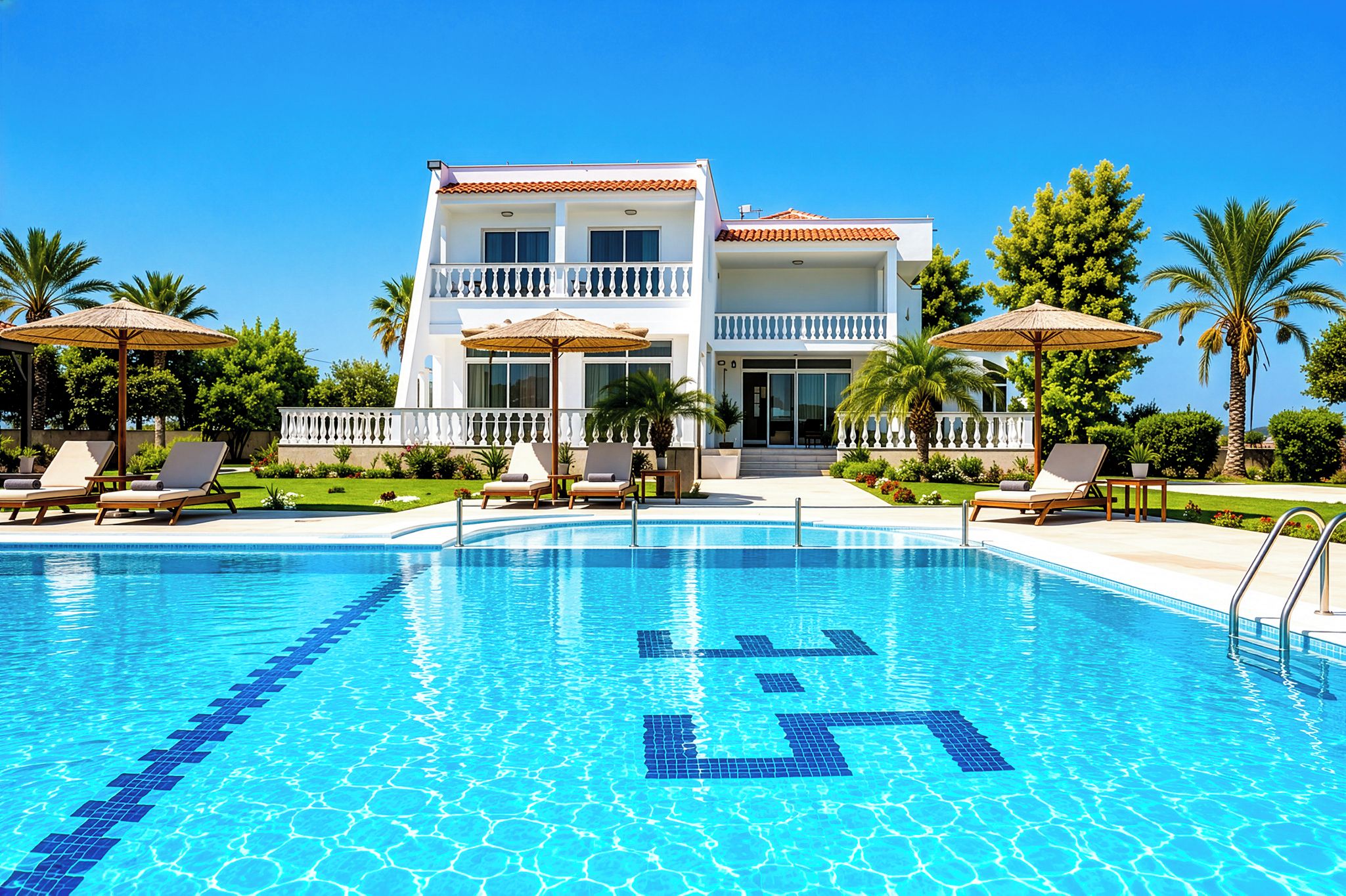 A swimming pool with a lifeguard chair, lounge chairs, and umbrellas.