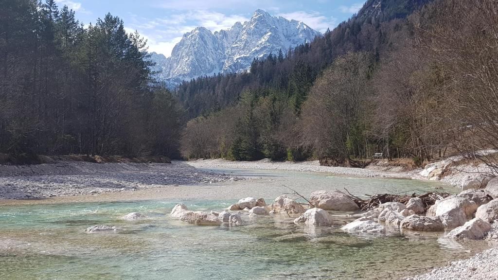 A river with clear water, surrounded by forested mountains and rocky terrain.