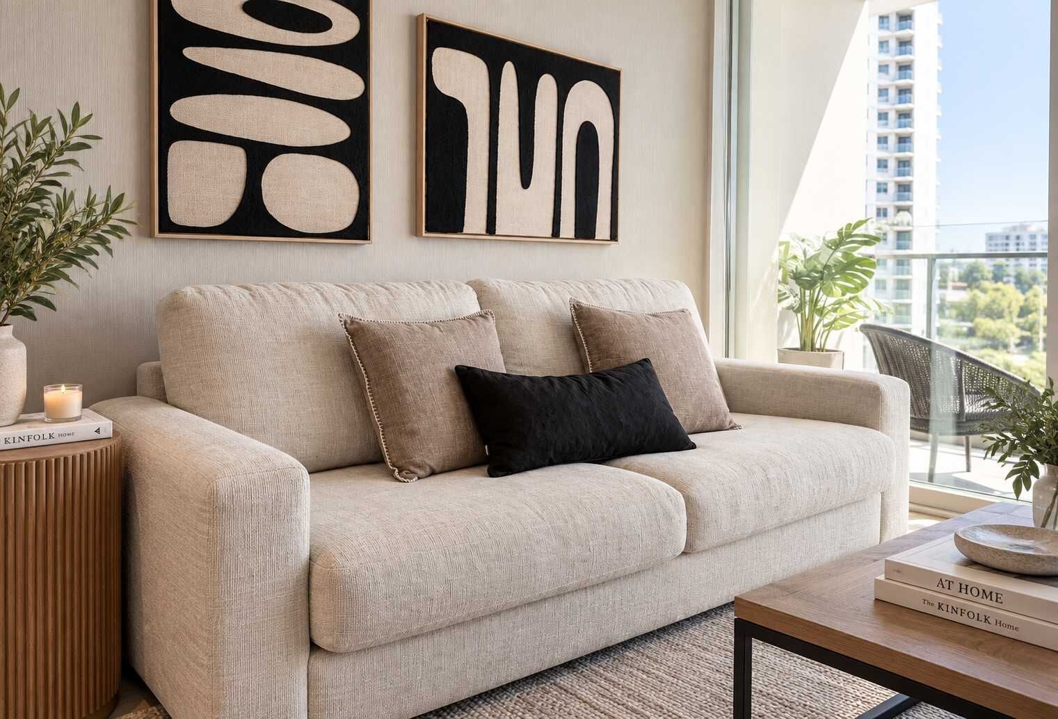 Sala de estar moderna com sofá bege, duas almofadas pretas, mesa lateral de madeira com um livro e uma planta em vaso.