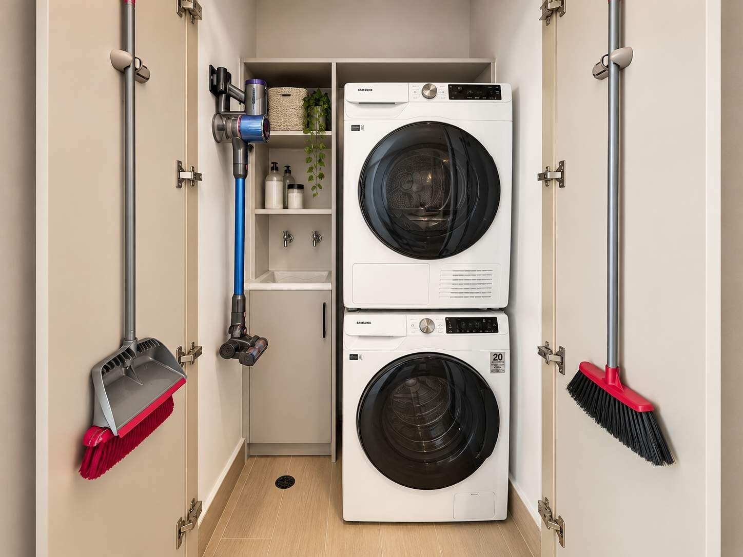 A laundry room with two stacked washing machines, a vacuum cleaner, and a broom.