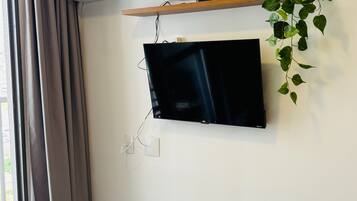 A room with a mounted TV, an air conditioning unit, a power strip, and a potted plant.